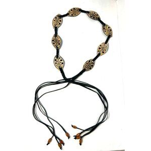 Wood Engraved Boho Belt With Beaded Tassel Ends Black Leather Straps 75" Long